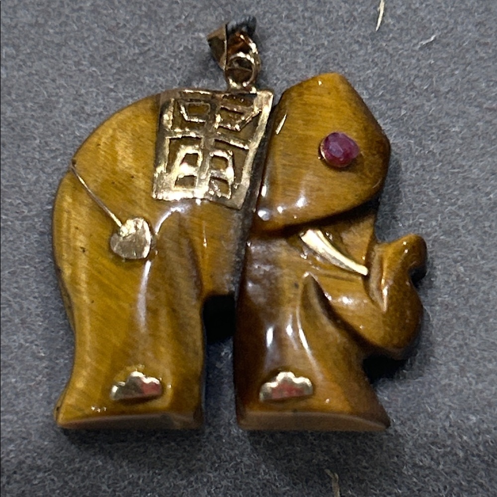 Tiger’s Eye Elephant Pendant with 14K Gold Accents and Ruby or Garnet Eye